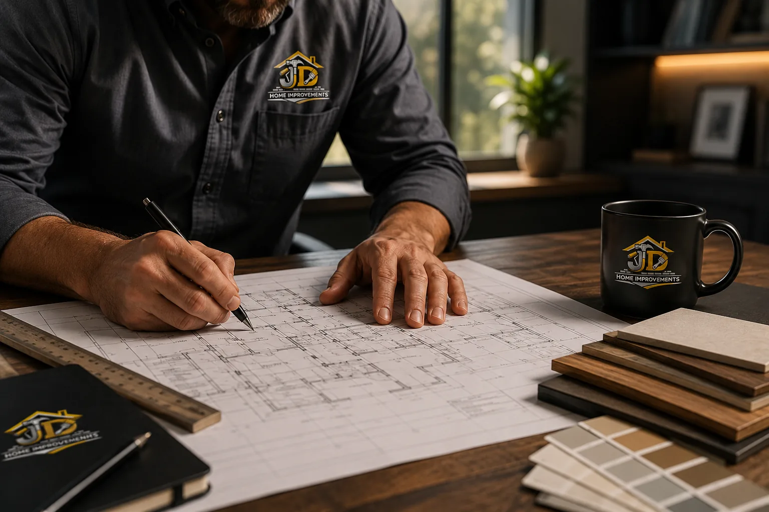 JD Home Improvement team reviewing blueprints for a remodeling project for Northern Virginia and Maryland homeowners
